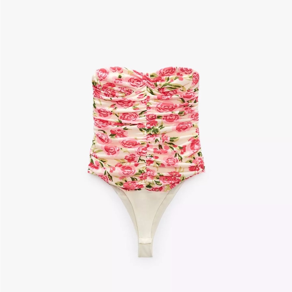 Zara Pink and White Floral Ruched Strapless Bodysuit